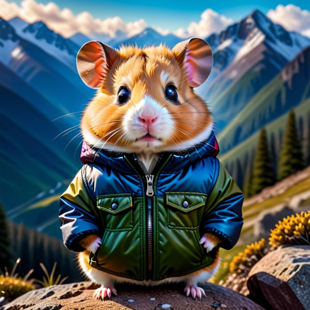 Pic d'un hamster dans une veste dans les montagnes