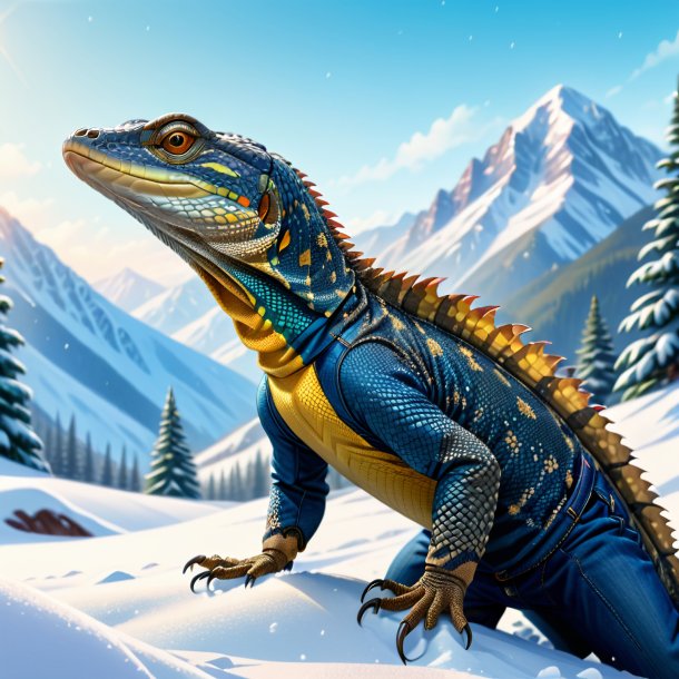 Ilustración de un monitor lagarto en un jeans en la nieve