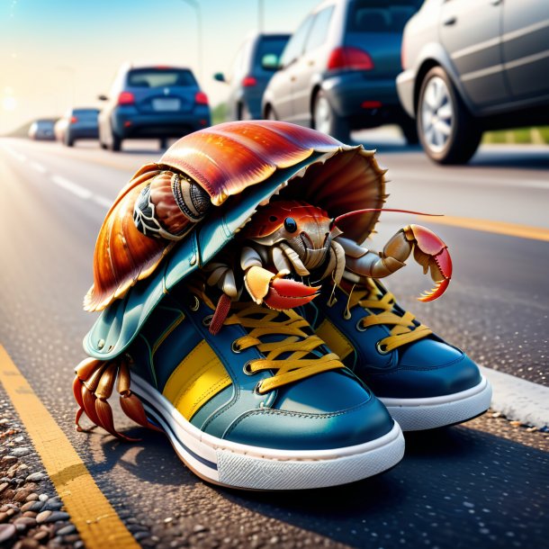 Ilustración de un cangrejo ermitaño en zapatos en la carretera