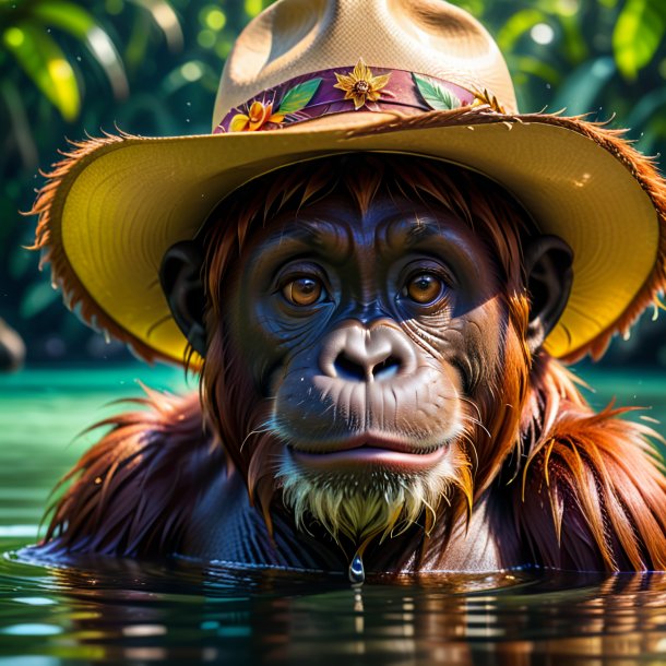 Foto de um orangotango em um chapéu na água