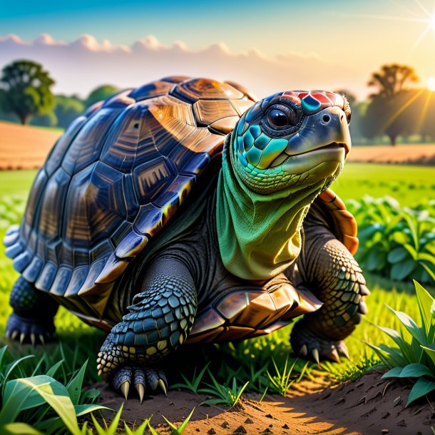 Photo of a tortoise in a skirt on the field