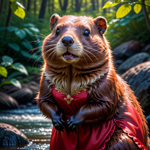 Foto de um castor em um vestido vermelho