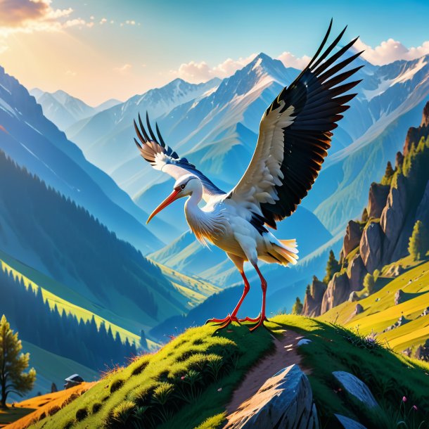 Photo d'un jeu d'une cigogne dans les montagnes