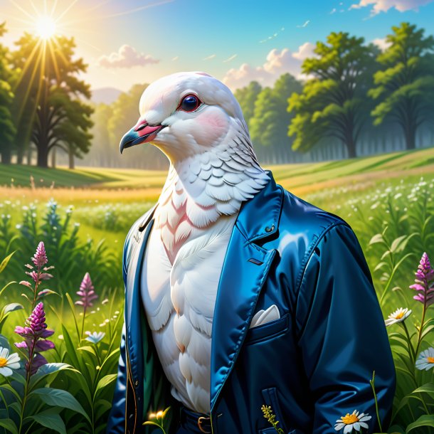 Illustration of a dove in a jacket in the meadow