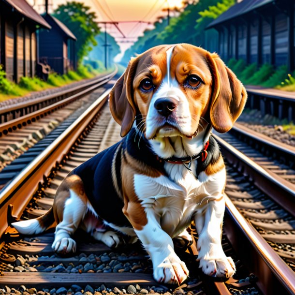 Picture of a resting of a beagle on the railway tracks