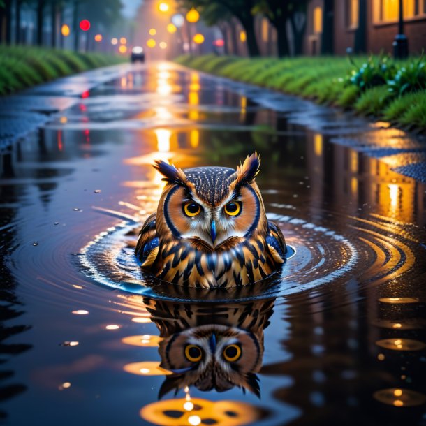 Photo of a swimming of a owl in the puddle