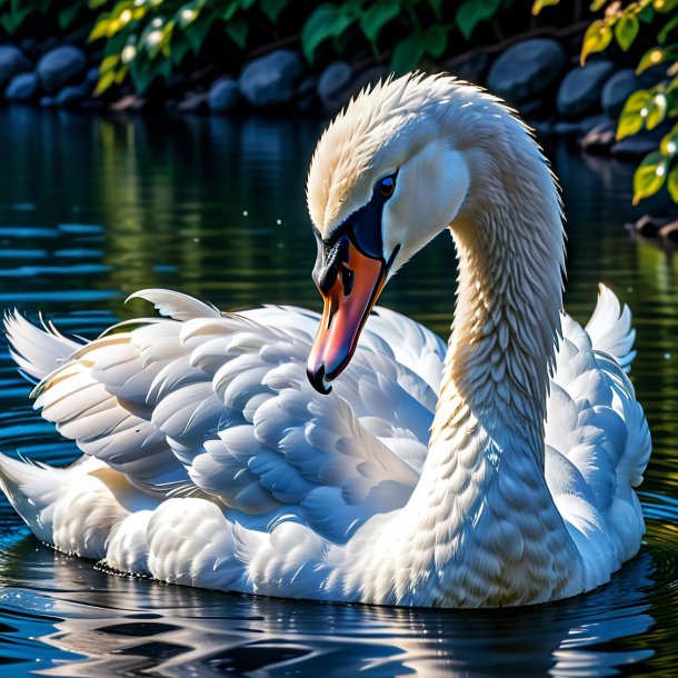 Uma foto de um cisne azul bebendo