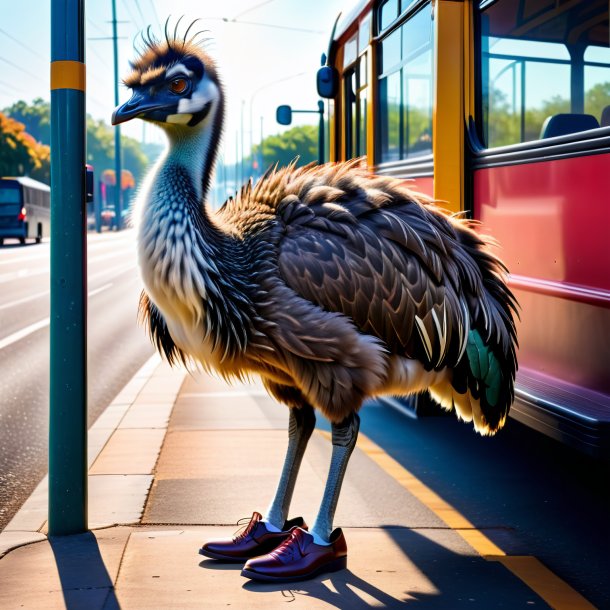 Foto de un emu en zapatos en la parada de autobús