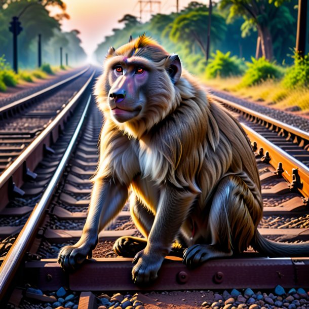 Foto de un descanso de un babuino en las vías del ferrocarril