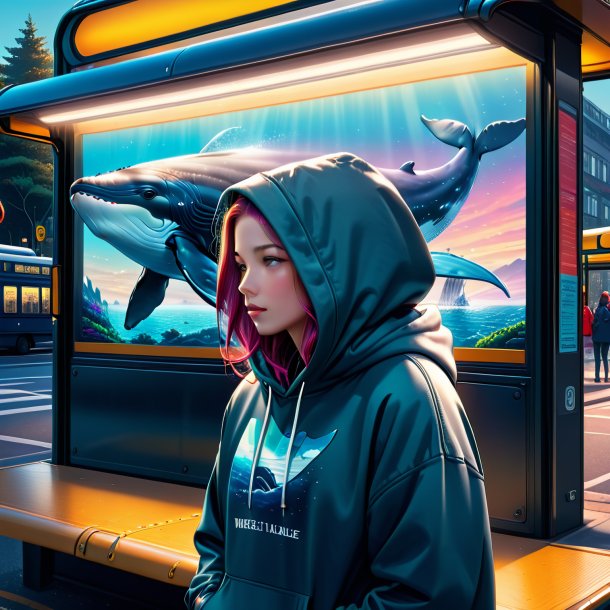 Ilustração de uma baleia em um hoodie na parada de ônibus