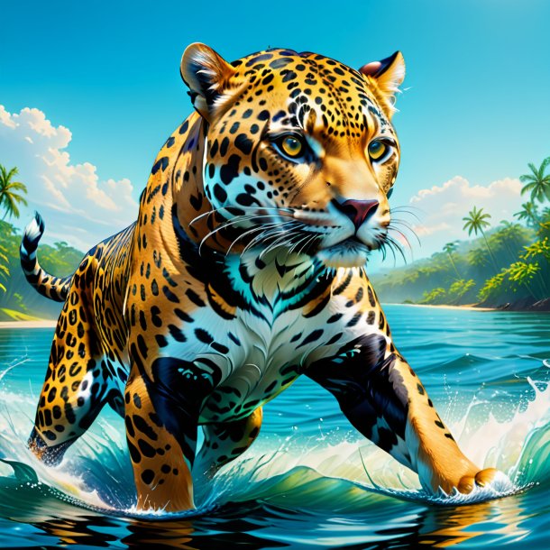 Drawing of a jaguar in a trousers in the water