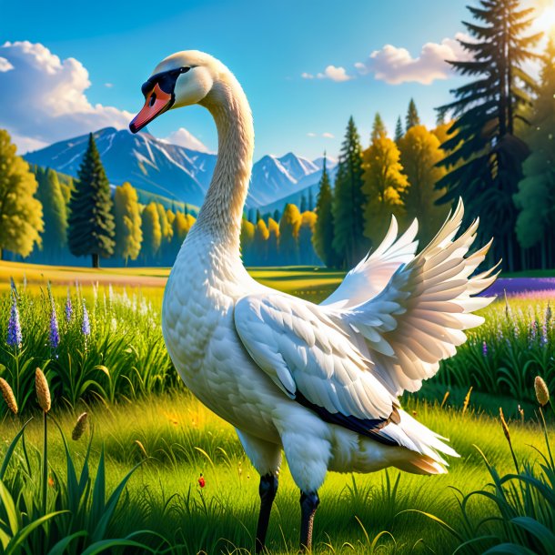 Picture of a swan in a trousers in the meadow