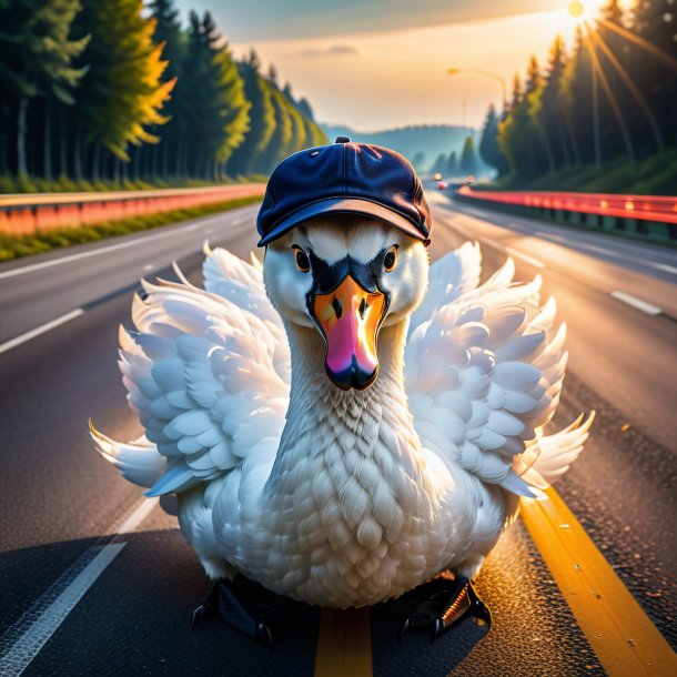 Imagem de um cisne em um boné na rodovia