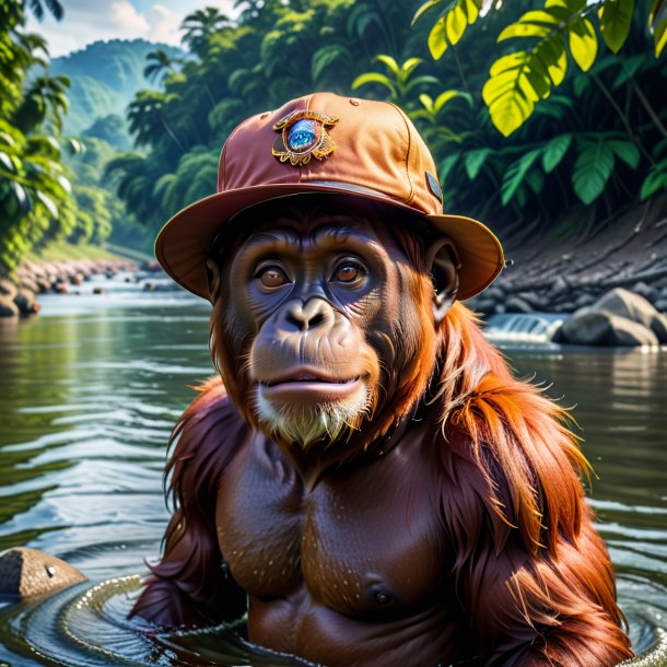 Photo of a orangutan in a cap in the river