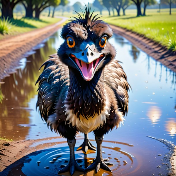 Image of a smiling of a emu in the puddle