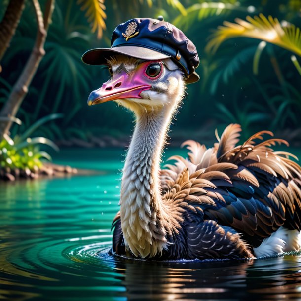 Pic of a ostrich in a cap in the water