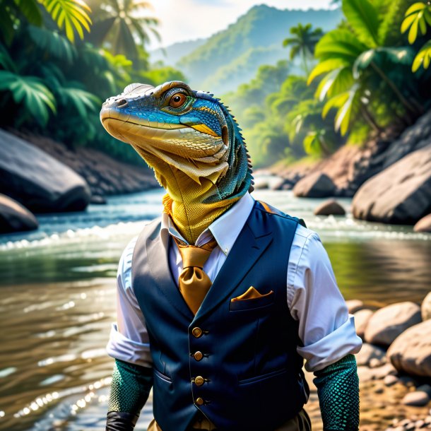 Photo of a monitor lizard in a vest in the river