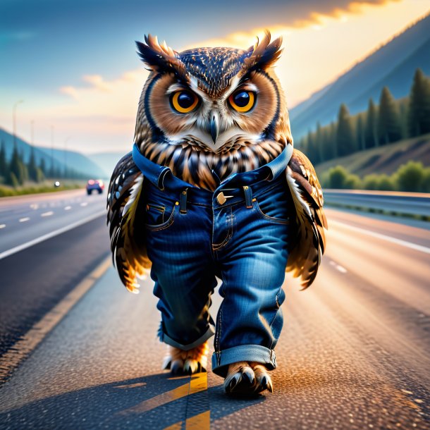 Pic of a owl in a jeans on the highway