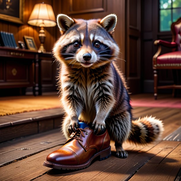 Imagem de um guaxinim em um sapatos marrons