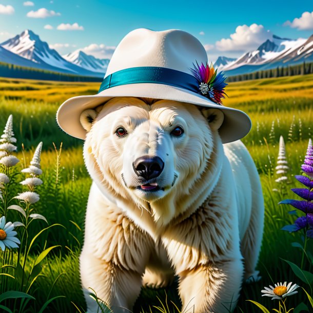 Image of a polar bear in a hat in the meadow