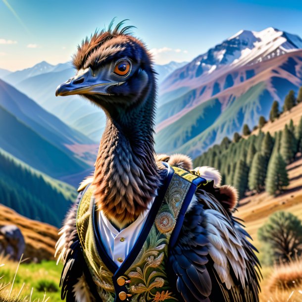 Photo of a emu in a vest in the mountains