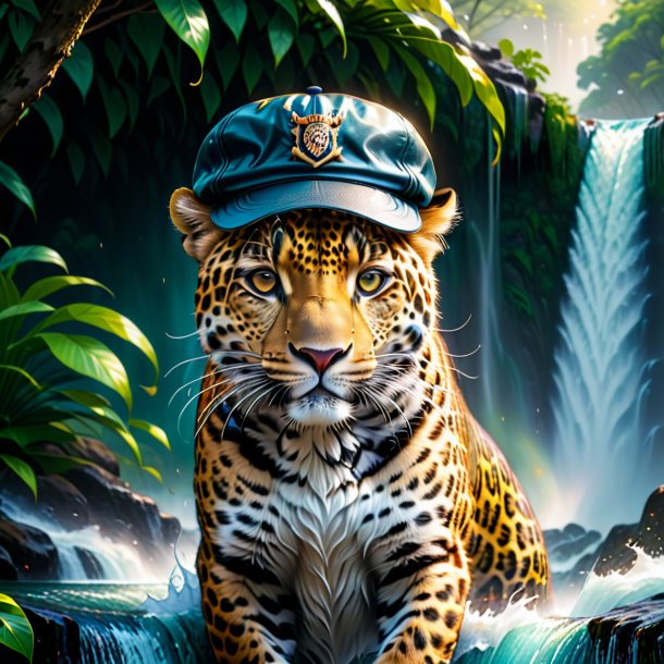 Illustration of a leopard in a cap in the waterfall