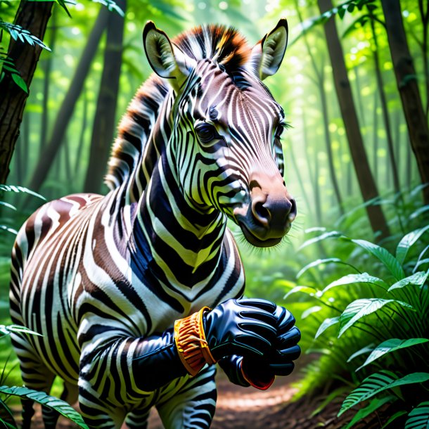 Image of a zebra in a gloves in the forest