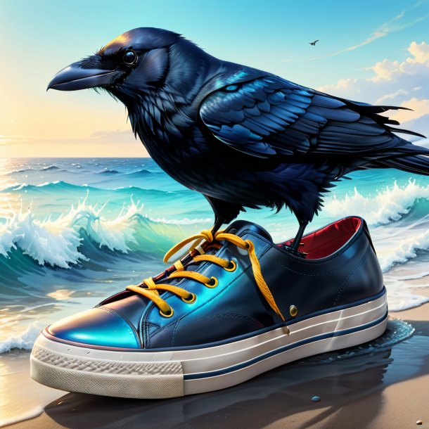 Dessin d'un corbeau dans une chaussure dans la mer