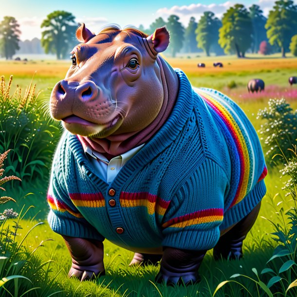 Image of a hippopotamus in a sweater in the meadow