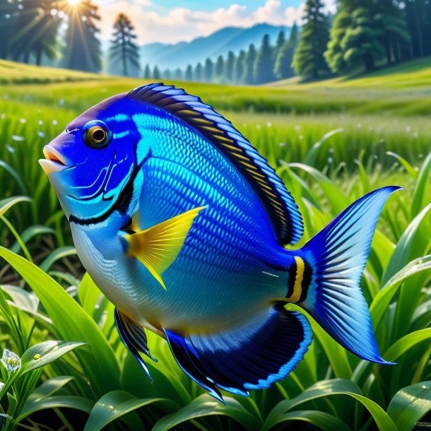 Pic of a blue tang in a vest in the meadow