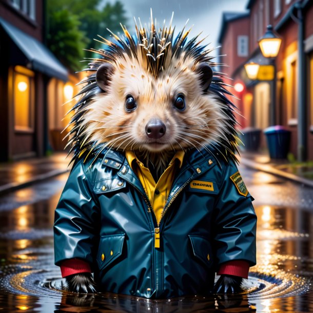 Photo of a porcupine in a jacket in the puddle