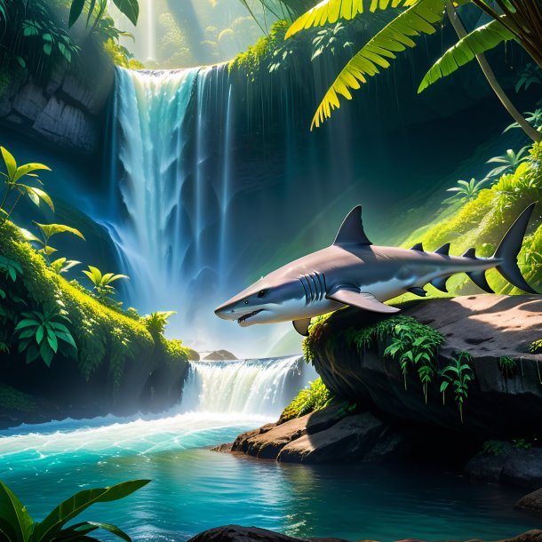 Pic of a resting of a hammerhead shark in the waterfall