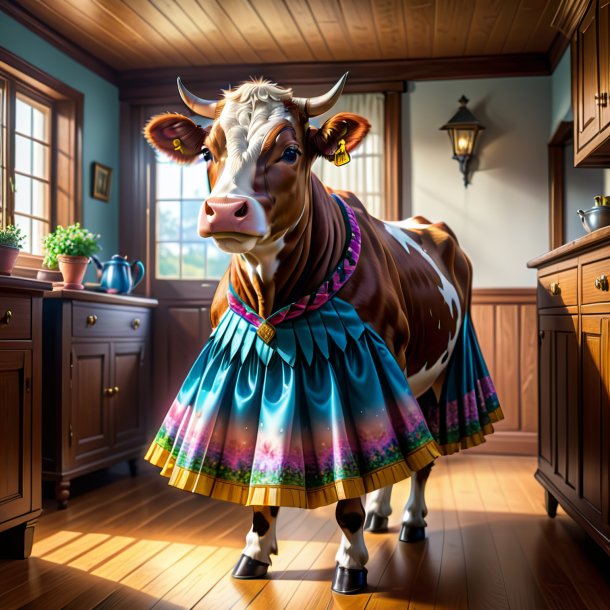 Drawing of a cow in a skirt in the house