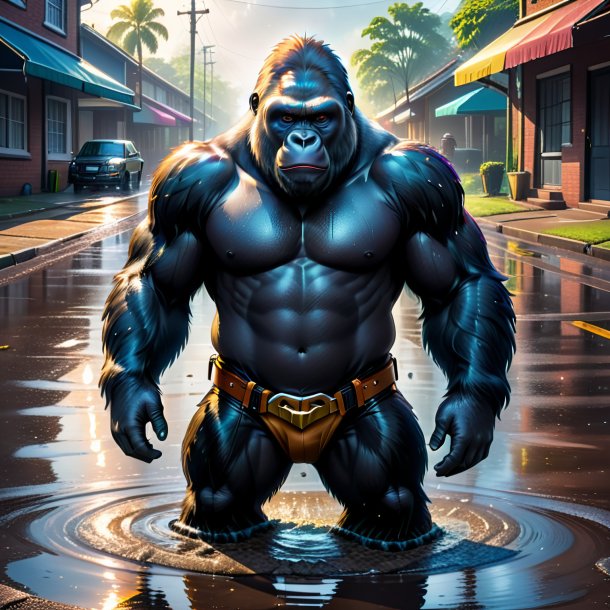 Illustration of a gorilla in a belt in the puddle