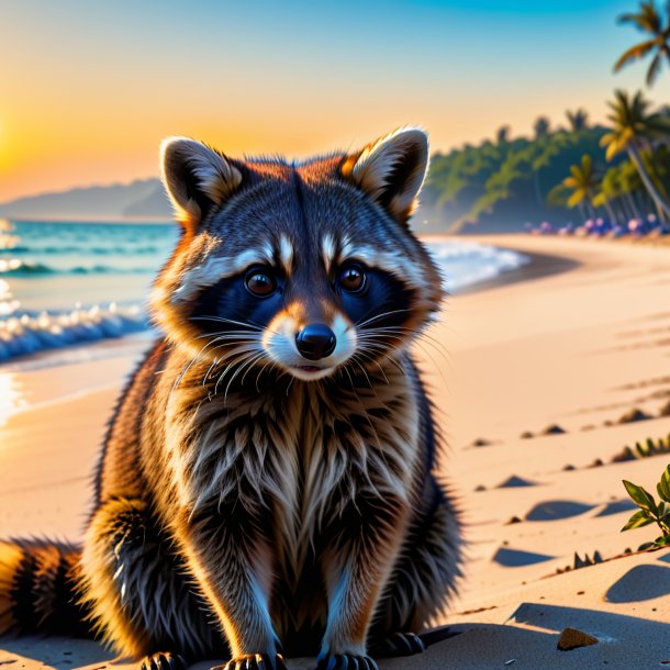 Picture of a waiting of a raccoon on the beach