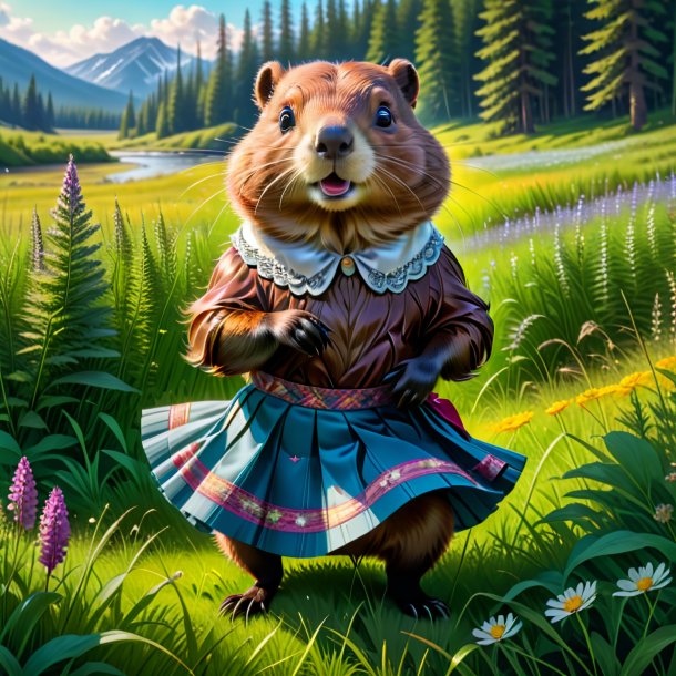 Drawing of a beaver in a skirt in the meadow