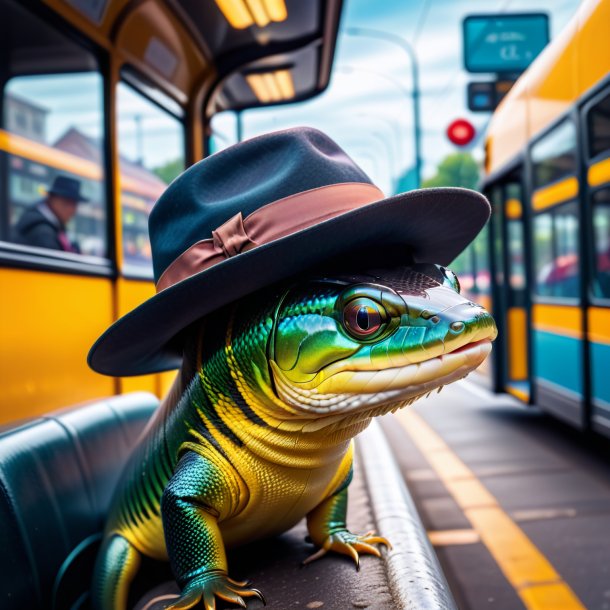 Foto de uma enguia em um chapéu no ponto de ônibus