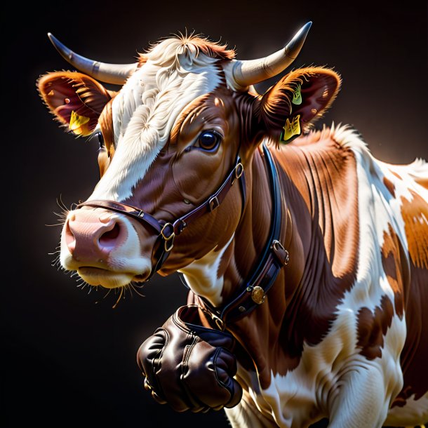 Foto de una vaca en guantes marrones