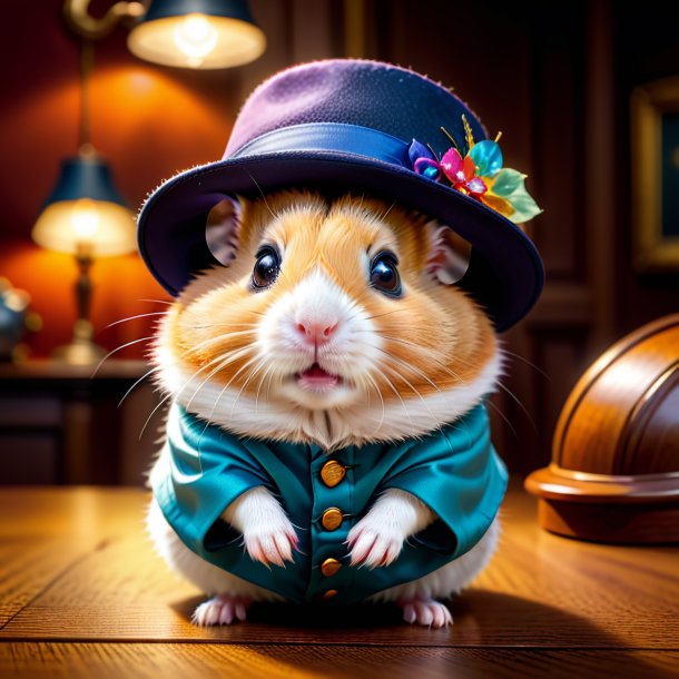 Picture of a hamster in a hat in the house