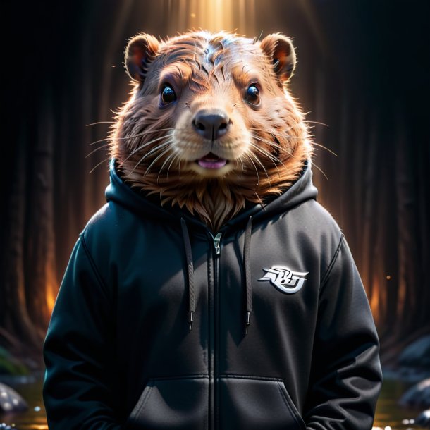 Photo of a beaver in a black hoodie