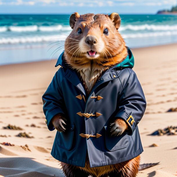 Pic d'un castor dans un manteau sur la plage