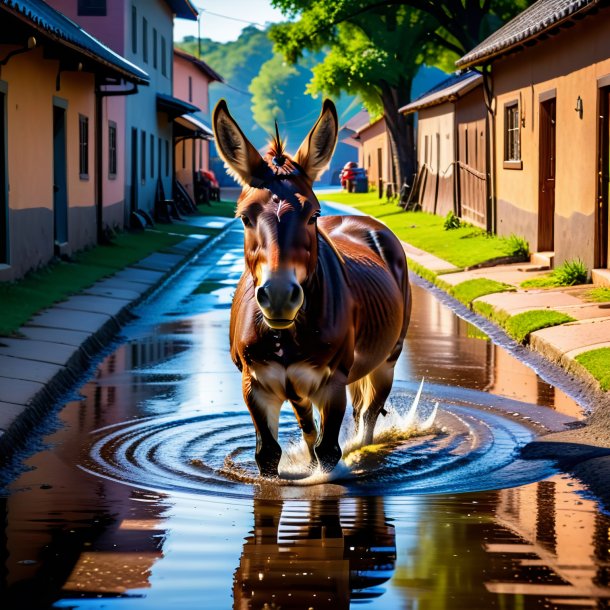 Uma foto de um mergulho de uma mula na poça