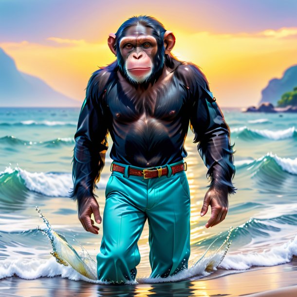 Picture of a chimpanzee in a trousers in the sea