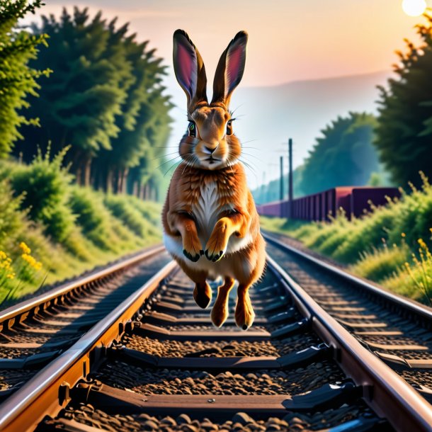 Image of a jumping of a hare on the railway tracks