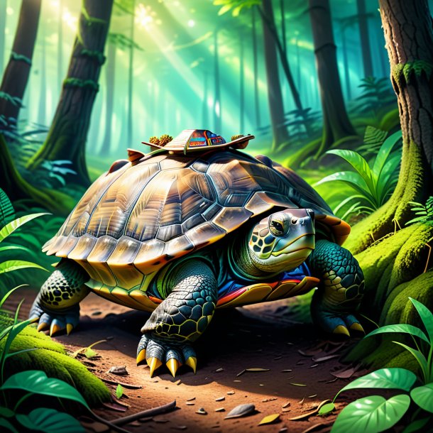 Illustration of a turtle in a shoes in the forest