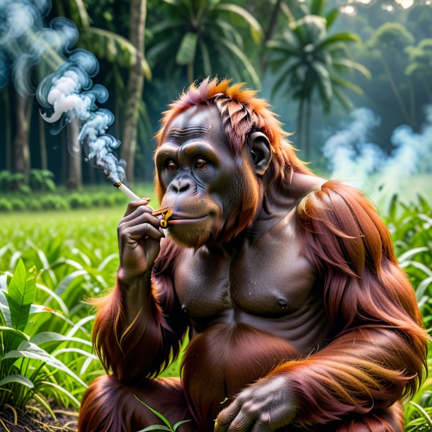 Foto de un fumar de un orangután en el campo