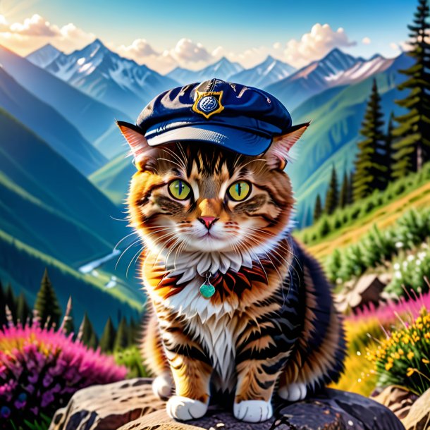 Picture of a cat in a cap in the mountains