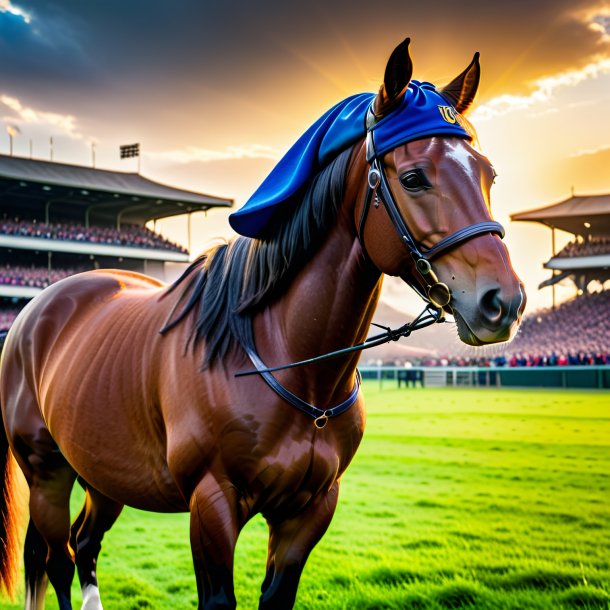 Image of a horse in a cap on the field