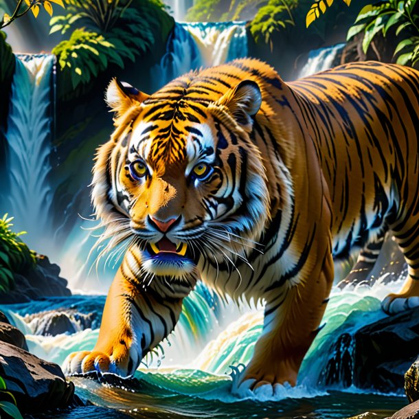 Photo of a eating of a tiger in the waterfall