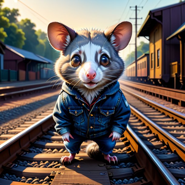 Drawing of a possum in a jeans on the railway tracks